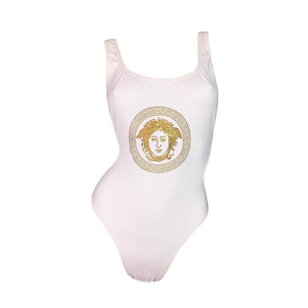 1994 Gianni Versace Gold Medusa Embroidered White Bodysuit Swimsuit