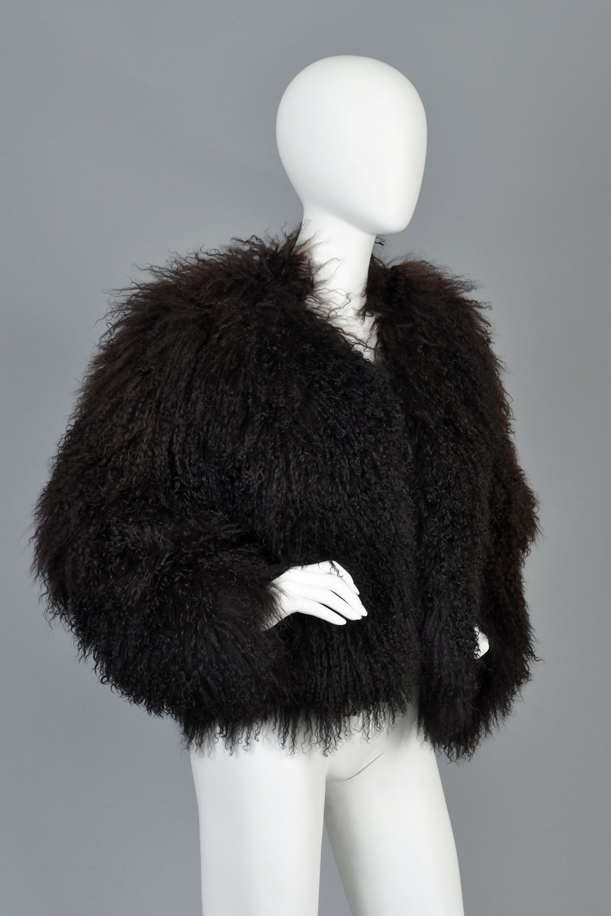 Ultra Chubby Cropped Black Mongolian Lamb Fur Coat In Excellent Condition In Yucca Valley, CA
