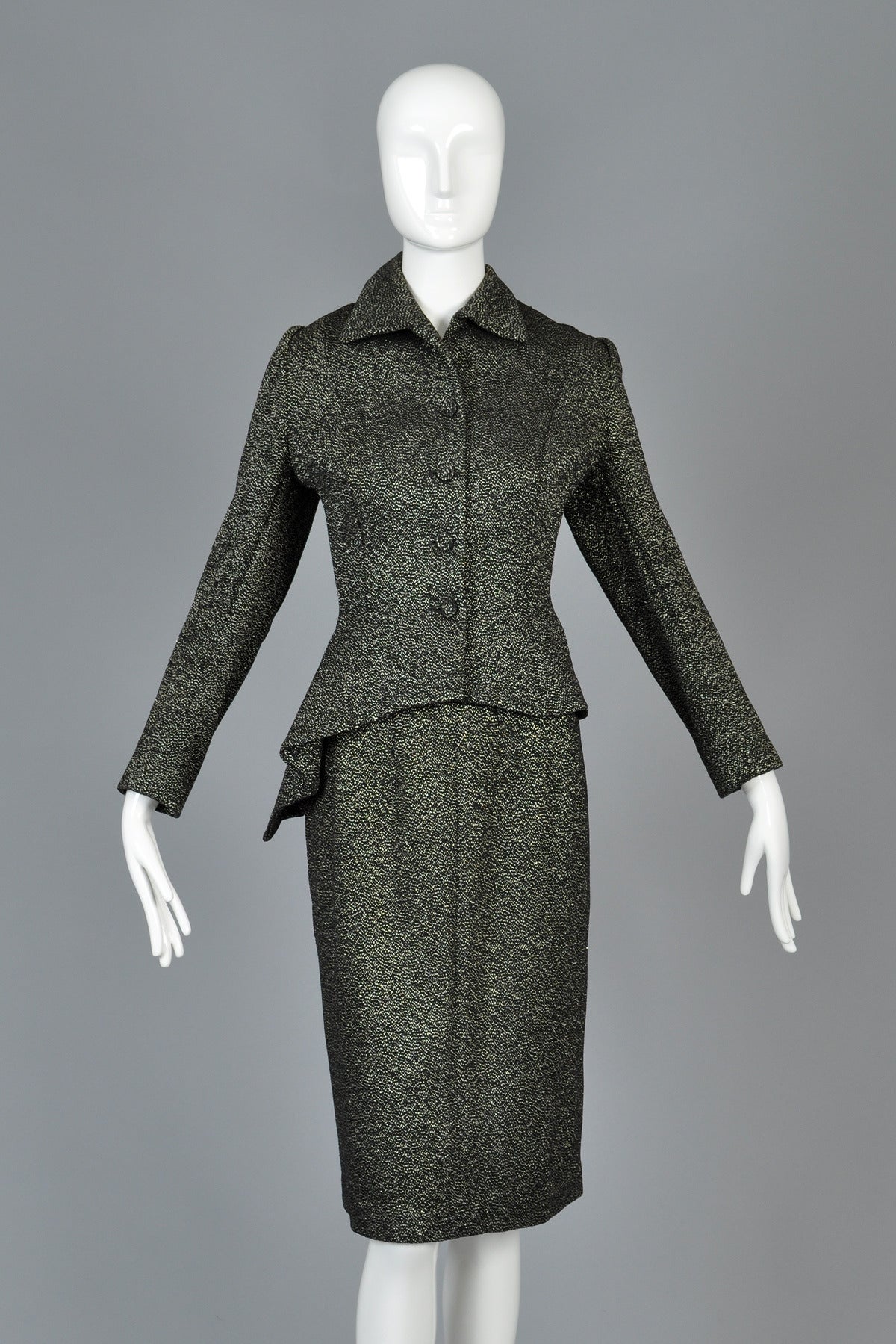 Black 1940s Metallic Asymmetrical Peplum Suit For Sale