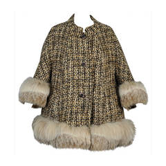 Retro 1960s Cropped Tweed Swing Coat with Lynx Fur Trim