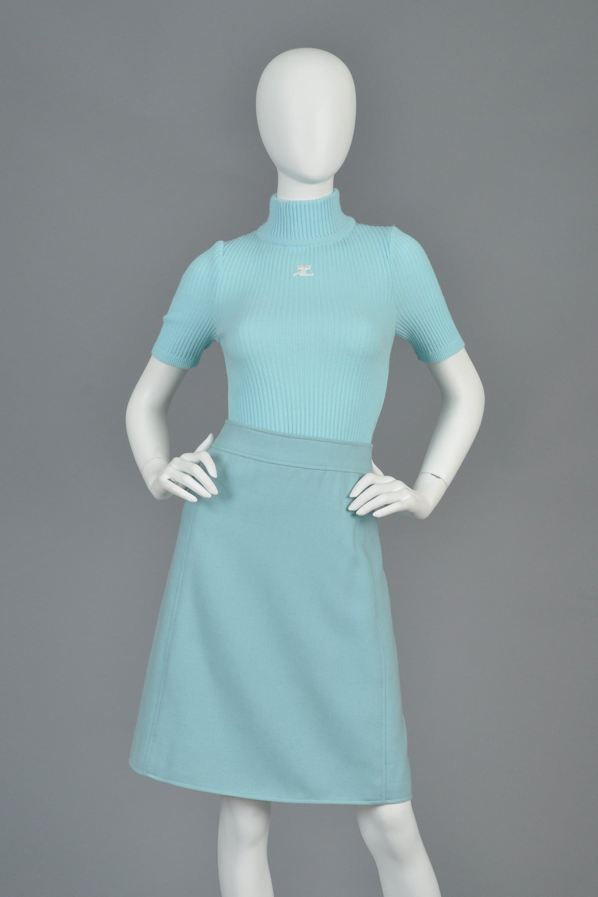 1960s Courrèges Numbered Blue Wool Blend Skirt In Excellent Condition In Yucca Valley, CA