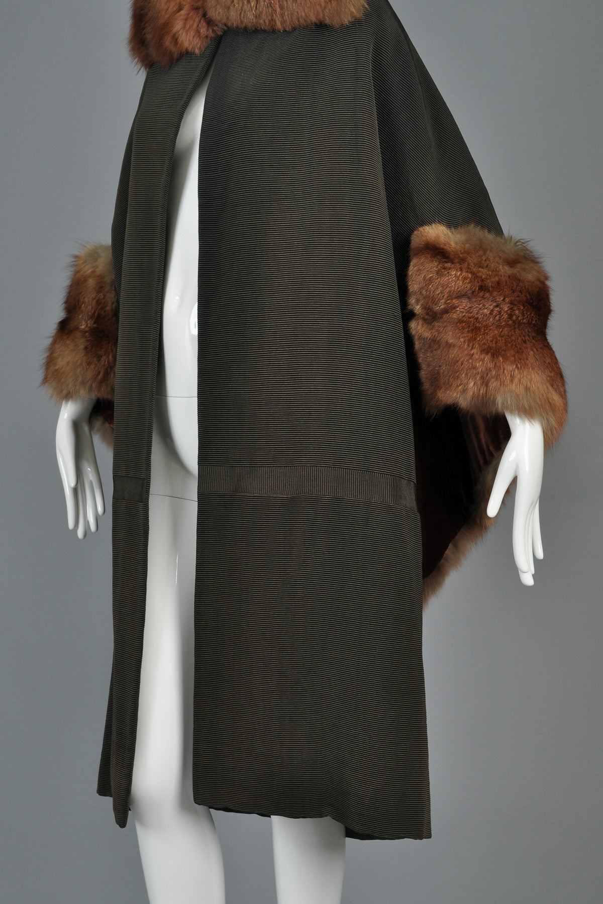 Art Deco Cape-Backed Faille Coat w/ Sable Fur Trim 3