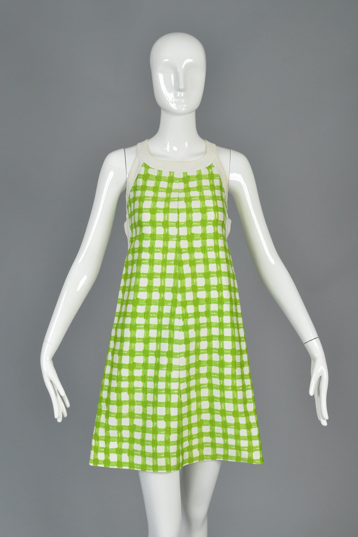 1960s Courrèges Green + White Plaid Snap-Side Dress In Good Condition For Sale In Yucca Valley, CA