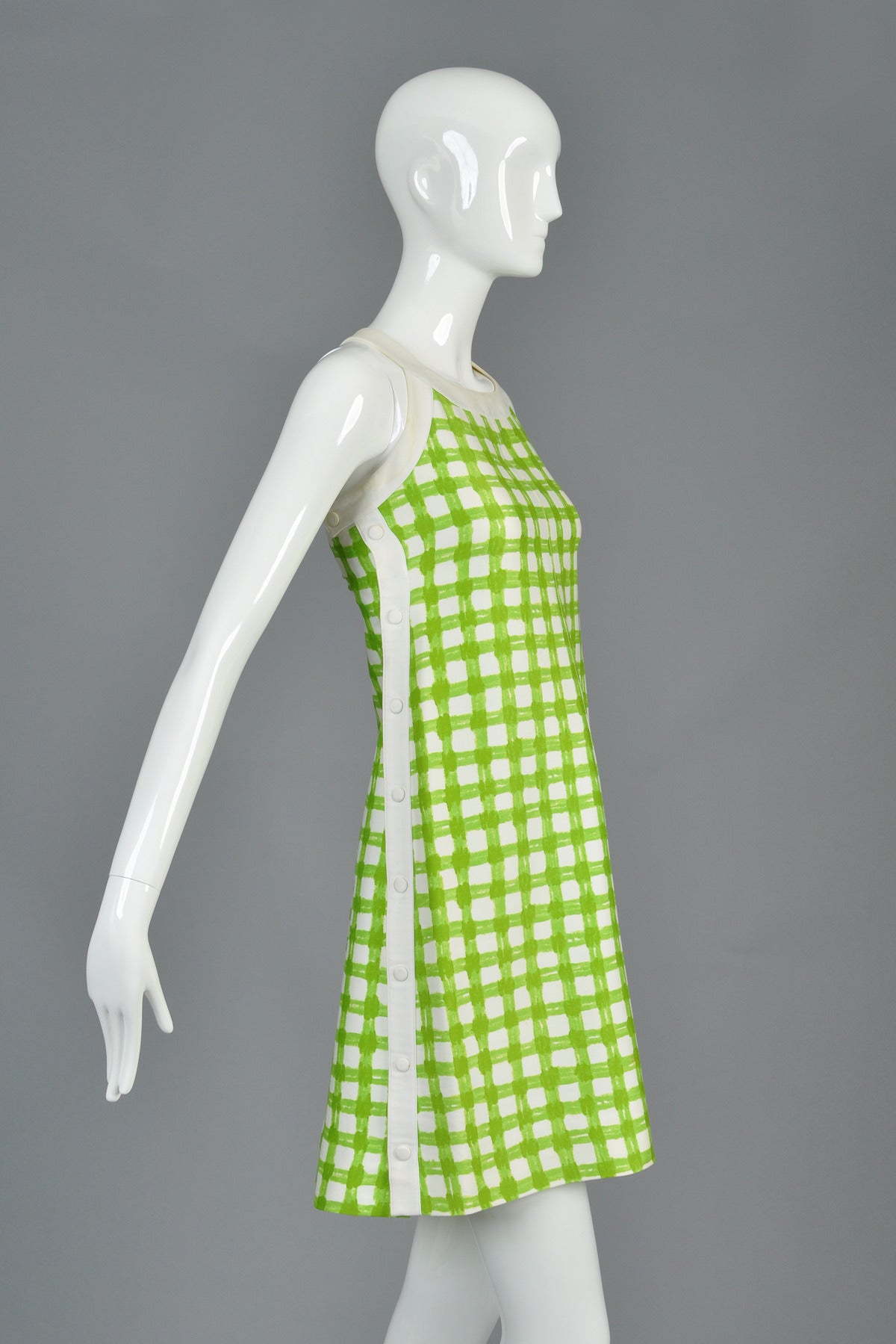 1960s Courrèges Green + White Plaid Snap-Side Dress For Sale 1