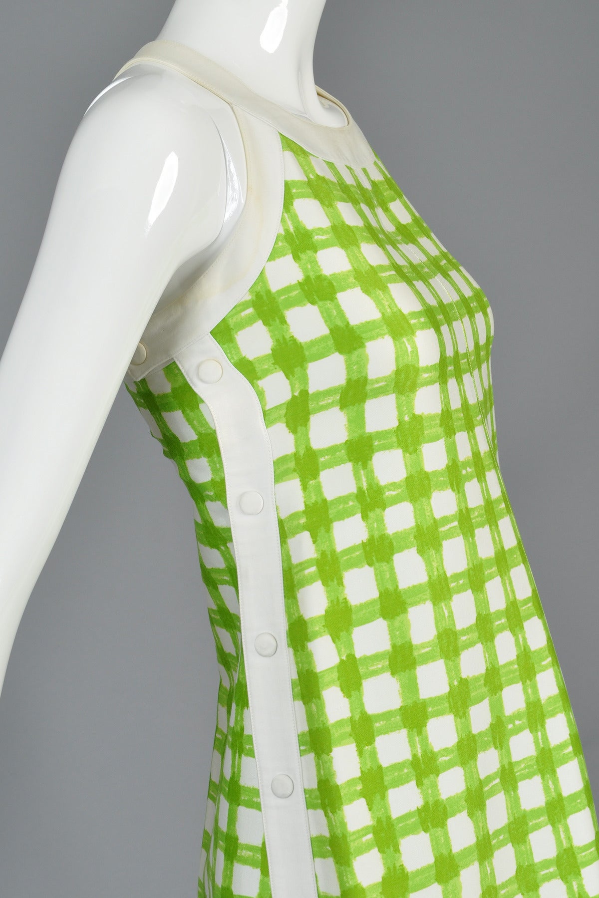 1960s Courrèges Green + White Plaid Snap-Side Dress For Sale 2