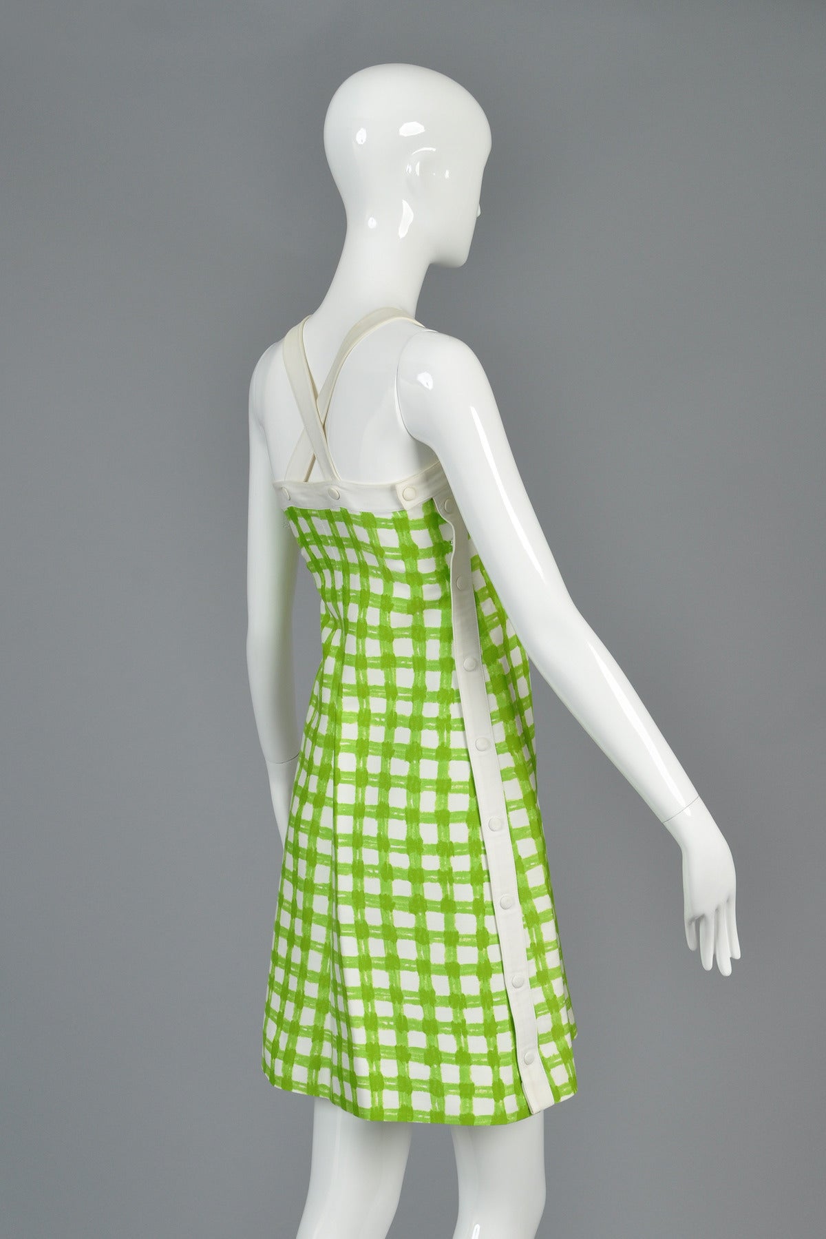 1960s Courrèges Green + White Plaid Snap-Side Dress For Sale 3