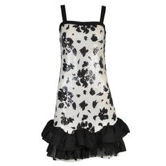 Courrèges 70s B+W Floral Sequined Dress w/Tiered Ruffles
