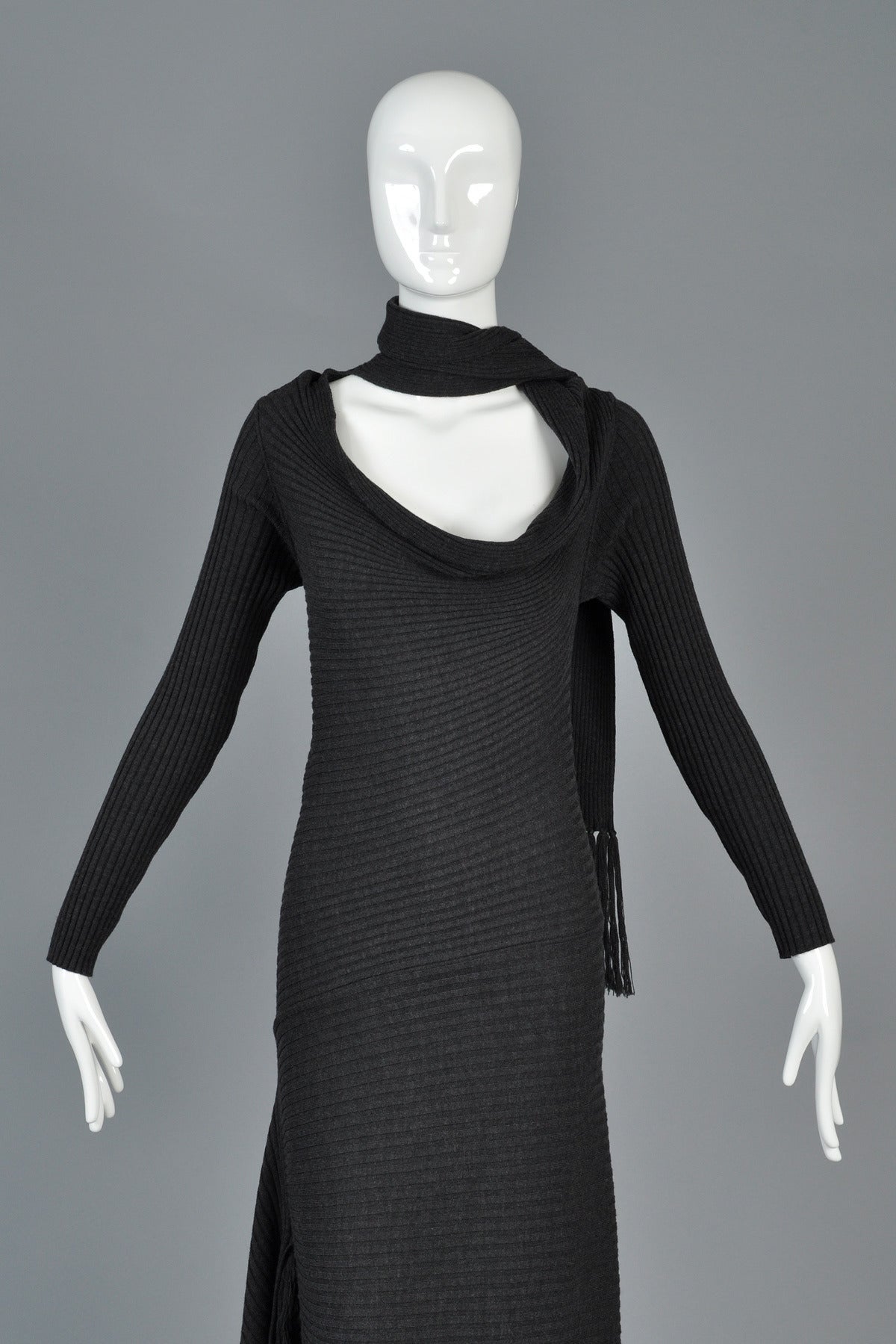 Iconic Jean Paul Gaultier Charcoal Knit Scarf Dress In Excellent Condition In Yucca Valley, CA