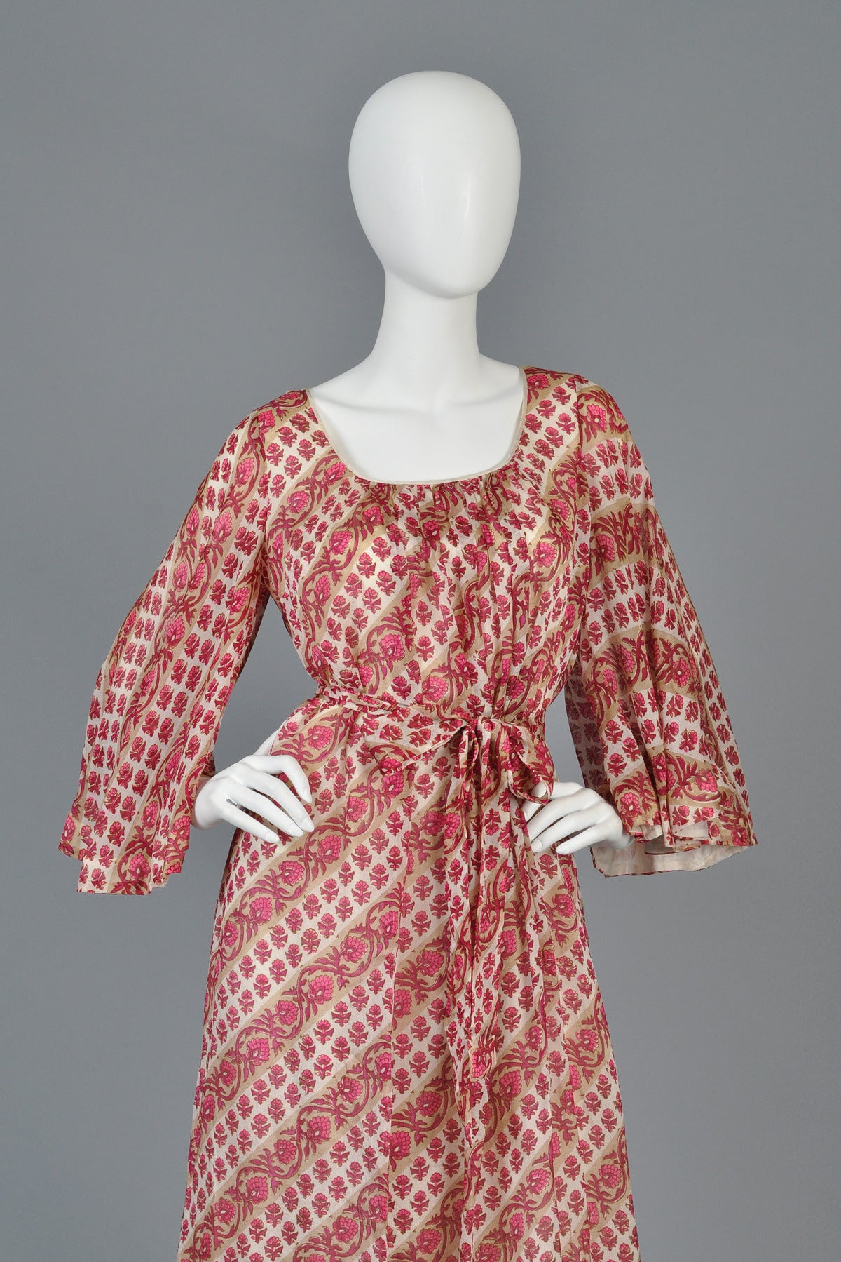 Women's 1970s Neiman Marcus Indian Silk Maxi Dress with Bell Sleeves