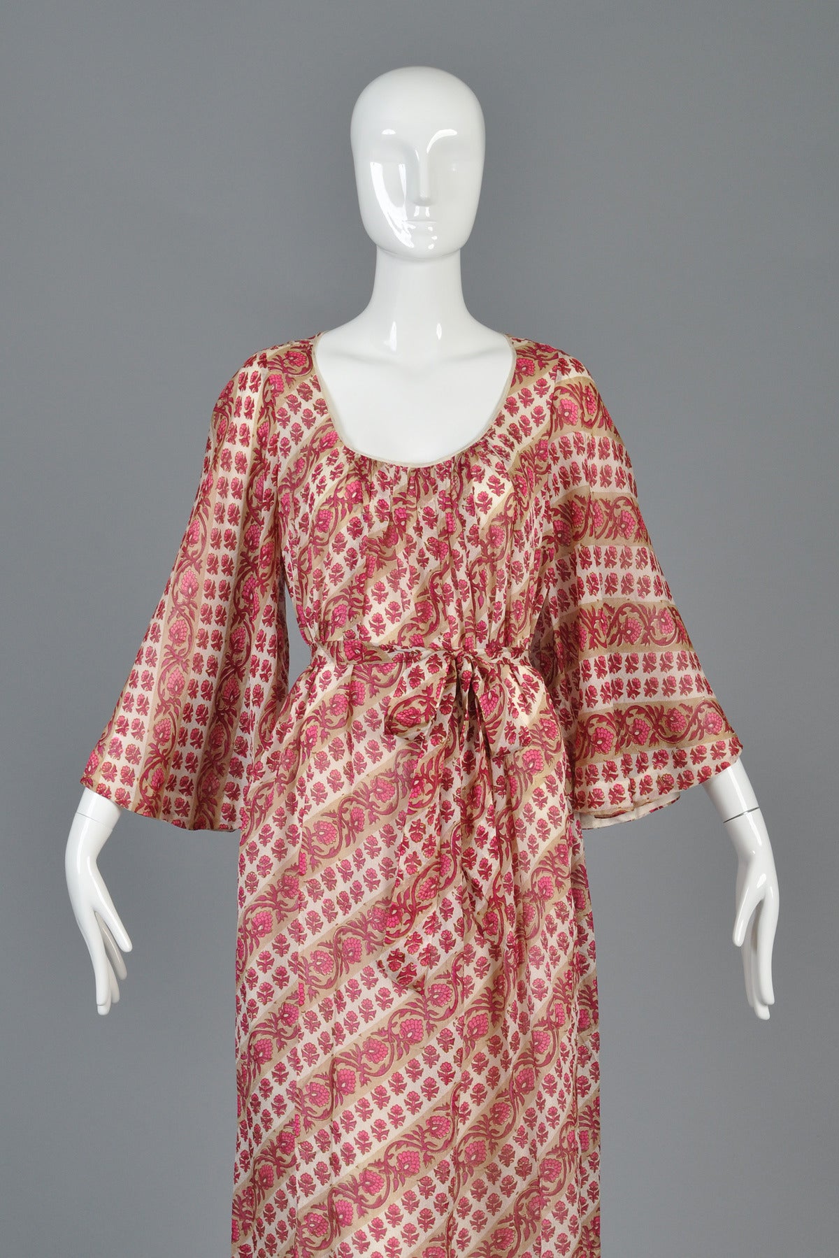1970s Neiman Marcus Indian Silk Maxi Dress with Bell Sleeves 1