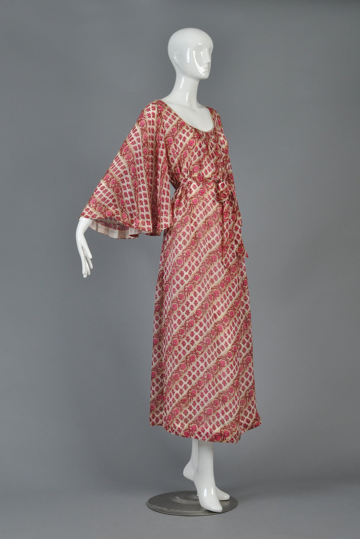 1970s Neiman Marcus Indian Silk Maxi Dress with Bell Sleeves 4