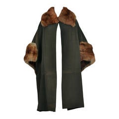 Art Deco Cape-Backed Faille Coat w/ Sable Fur Trim