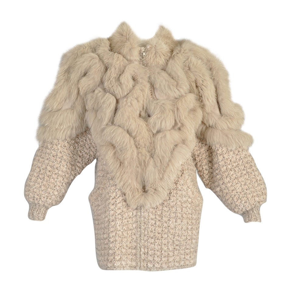 Avant Garde 1980s Knit Cocoon Coat w/ Fox Fur Shoulders