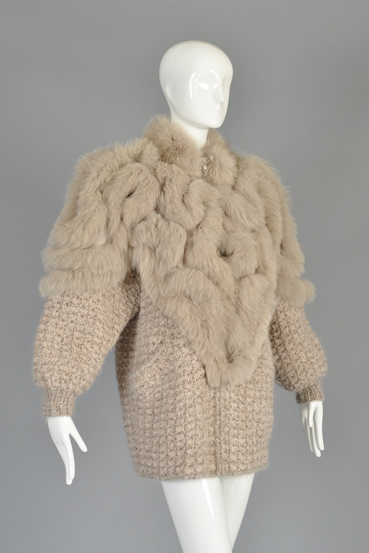 Women's Avant Garde 1980s Knit Cocoon Coat w/ Fox Fur Shoulders