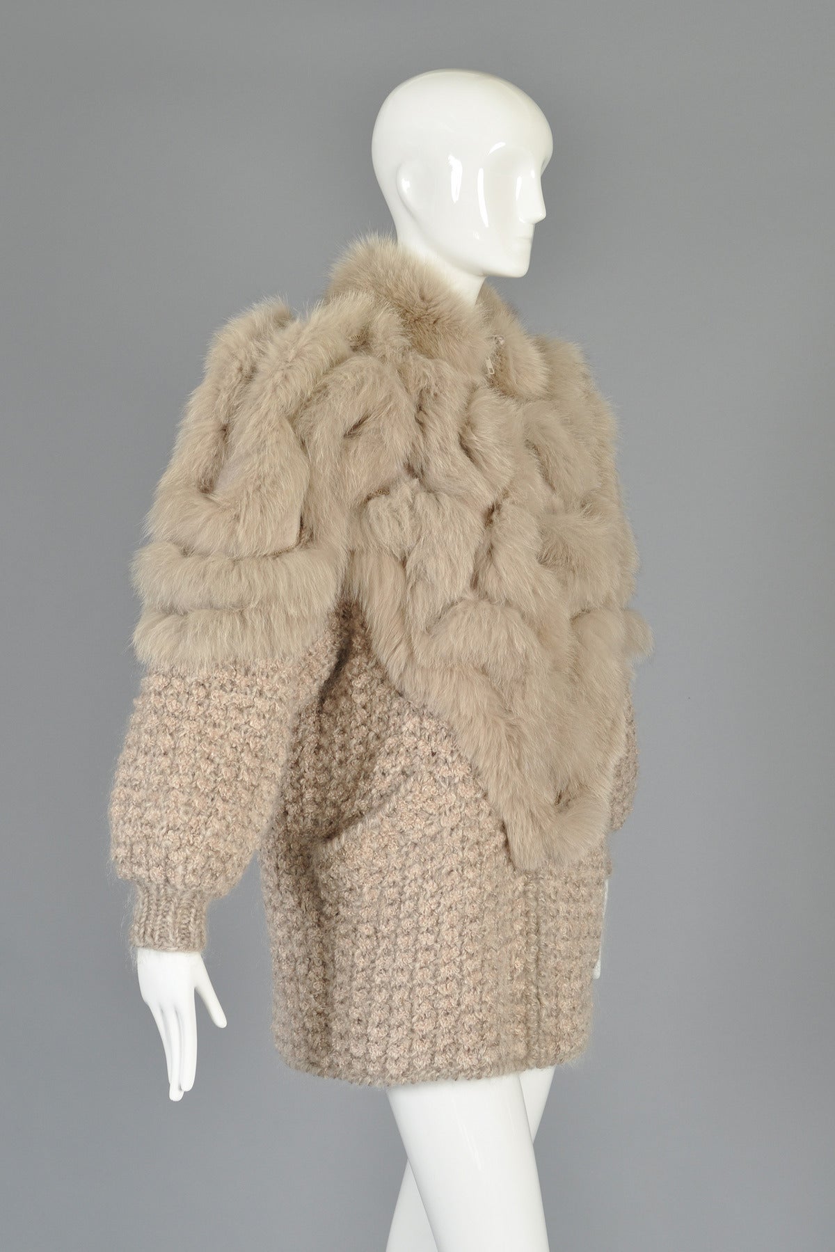 Avant Garde 1980s Knit Cocoon Coat w/ Fox Fur Shoulders 1