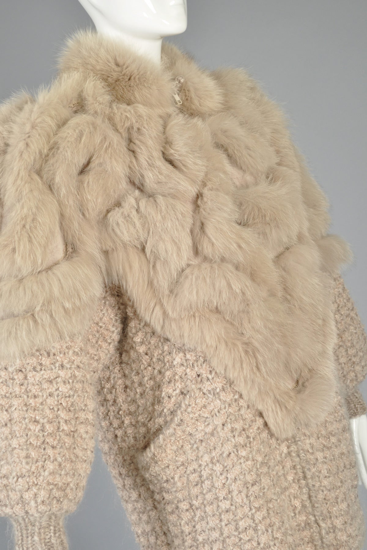 Avant Garde 1980s Knit Cocoon Coat w/ Fox Fur Shoulders 2