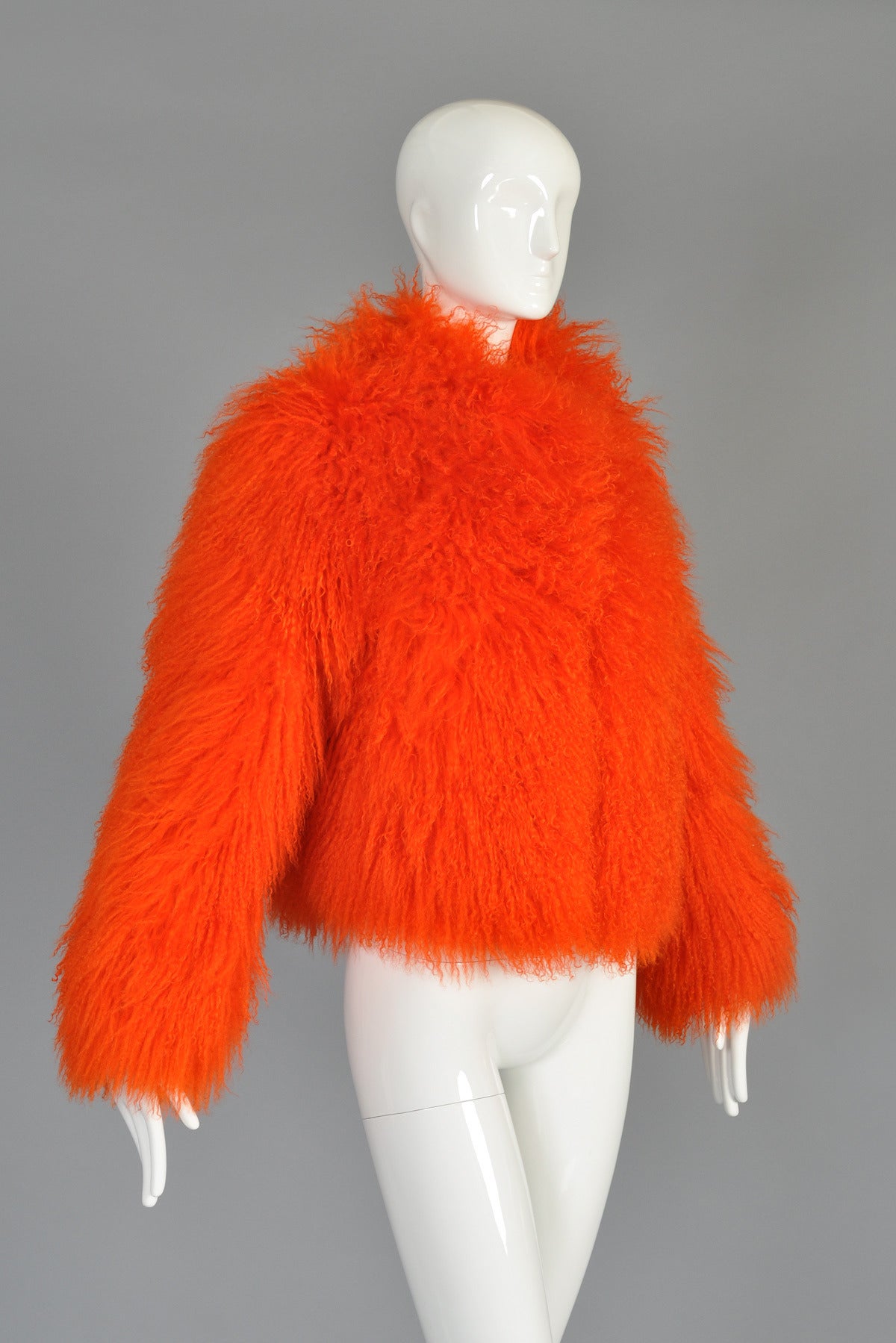 Sonia Rykiel Cropped Day-Glo Orange Mongolian Lamb Fur Coat In Excellent Condition In Yucca Valley, CA