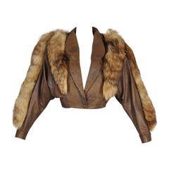 Vintage Cropped Cocoa Leather Jacket with Fox Fur Trim