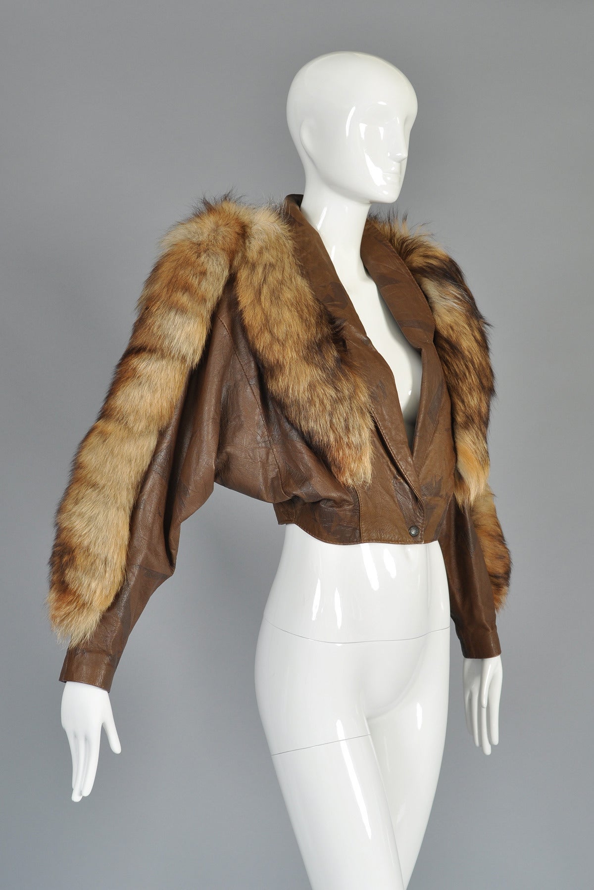 Cropped Cocoa Leather Jacket with Fox Fur Trim 1