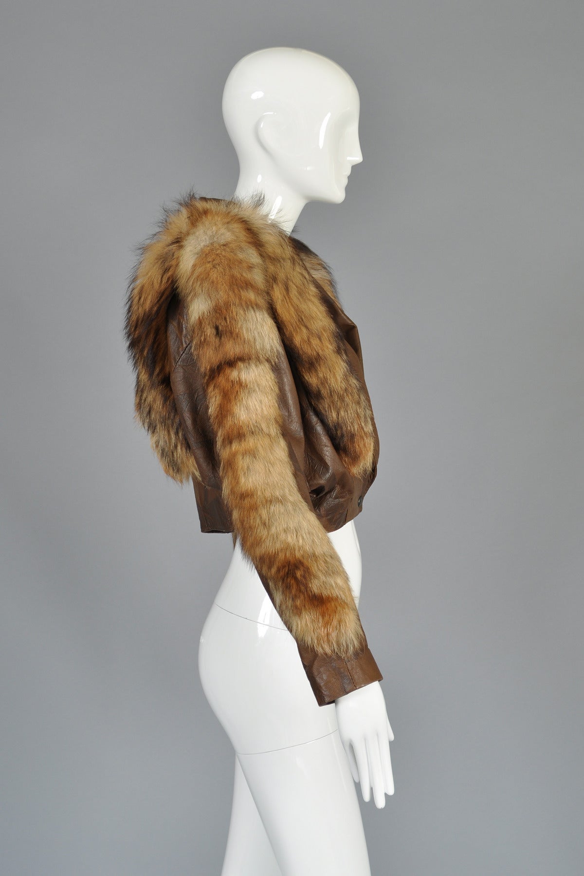 Cropped Cocoa Leather Jacket with Fox Fur Trim 2