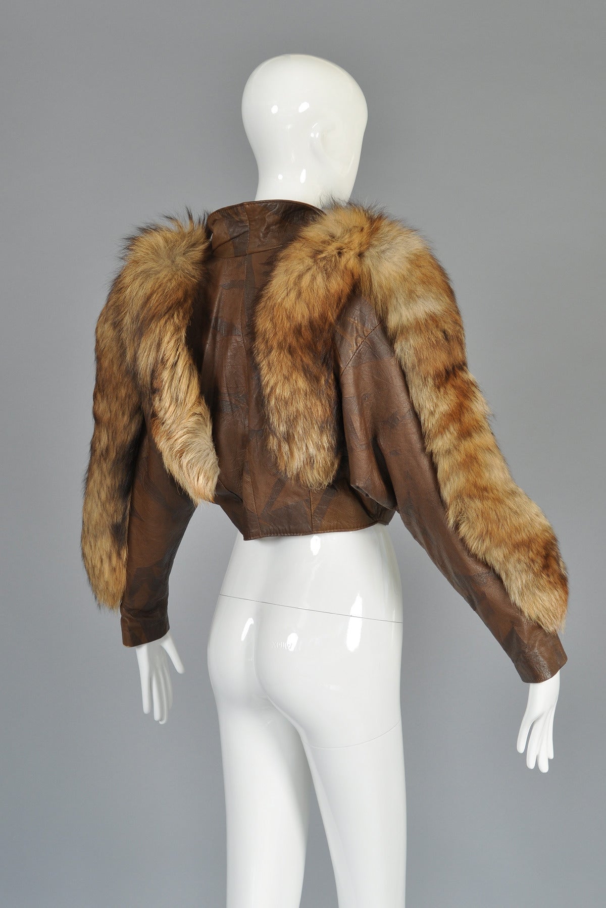 Cropped Cocoa Leather Jacket with Fox Fur Trim 3