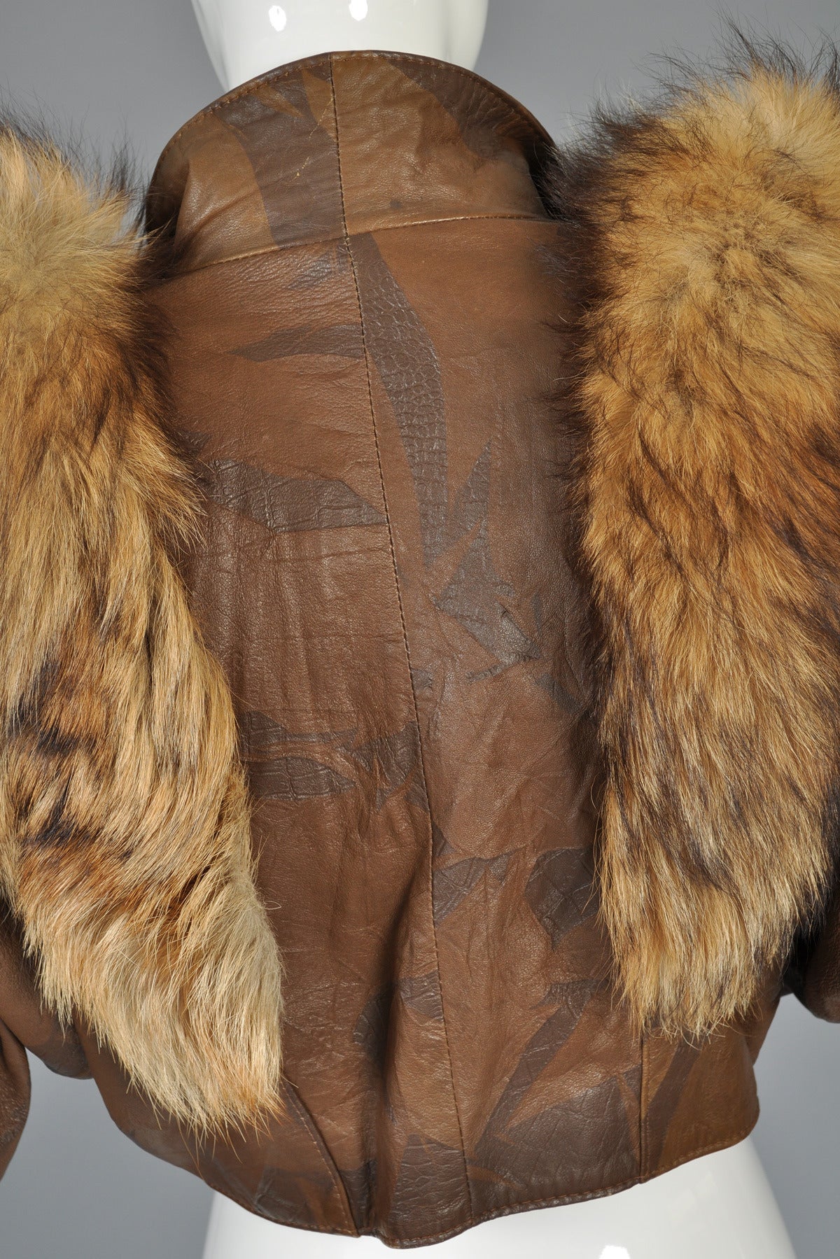 Cropped Cocoa Leather Jacket with Fox Fur Trim 5