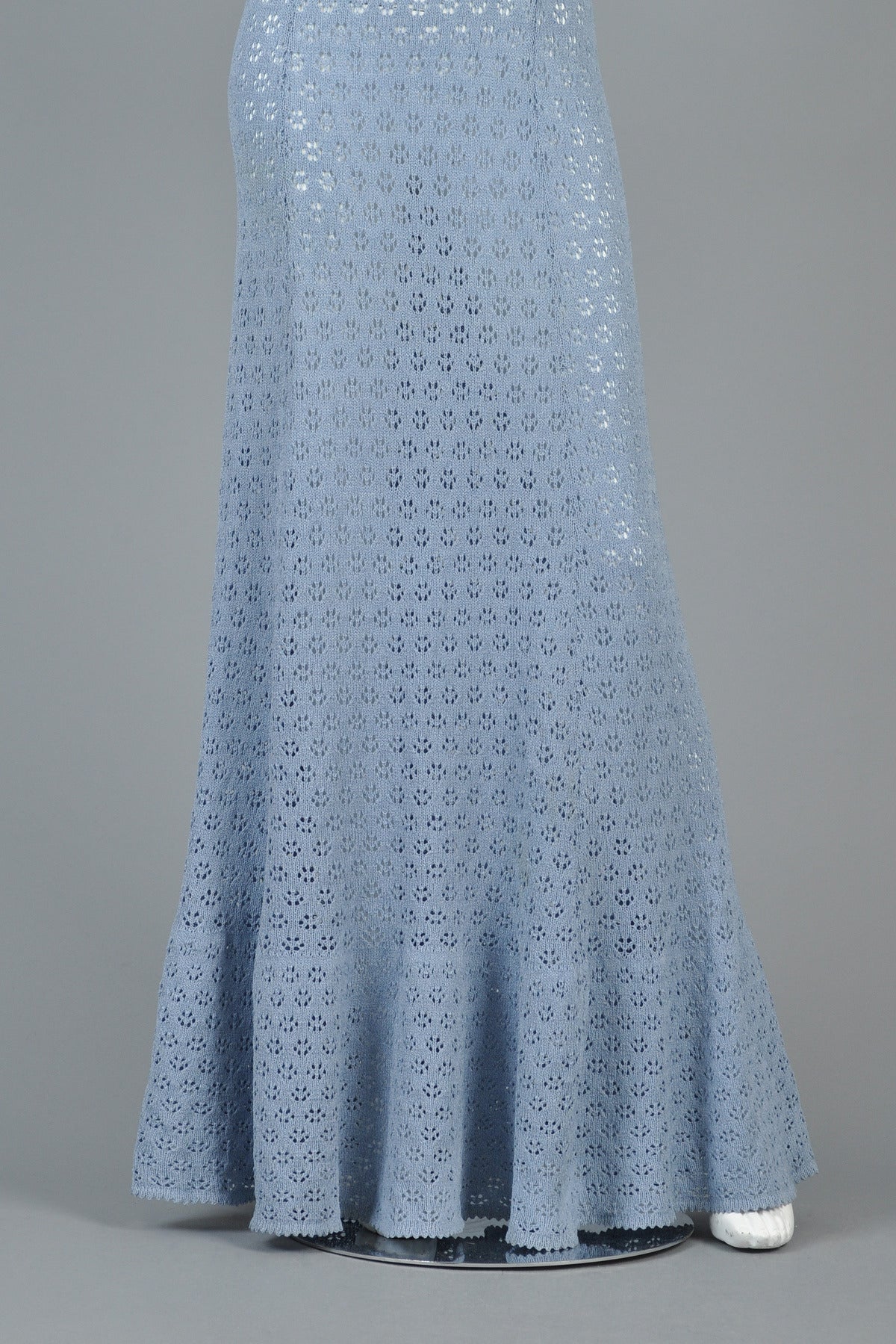 Cornflower Blue Bohemian Crochet Knit Maxi Dress with Open Sleeves In Excellent Condition In Yucca Valley, CA