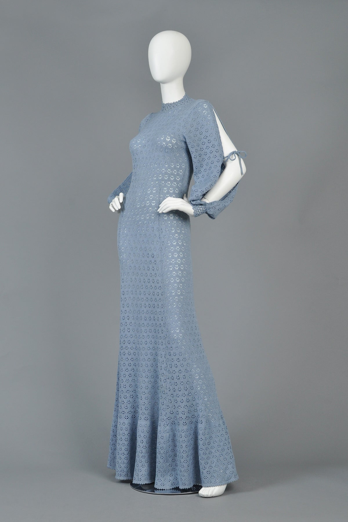 Women's Cornflower Blue Bohemian Crochet Knit Maxi Dress with Open Sleeves