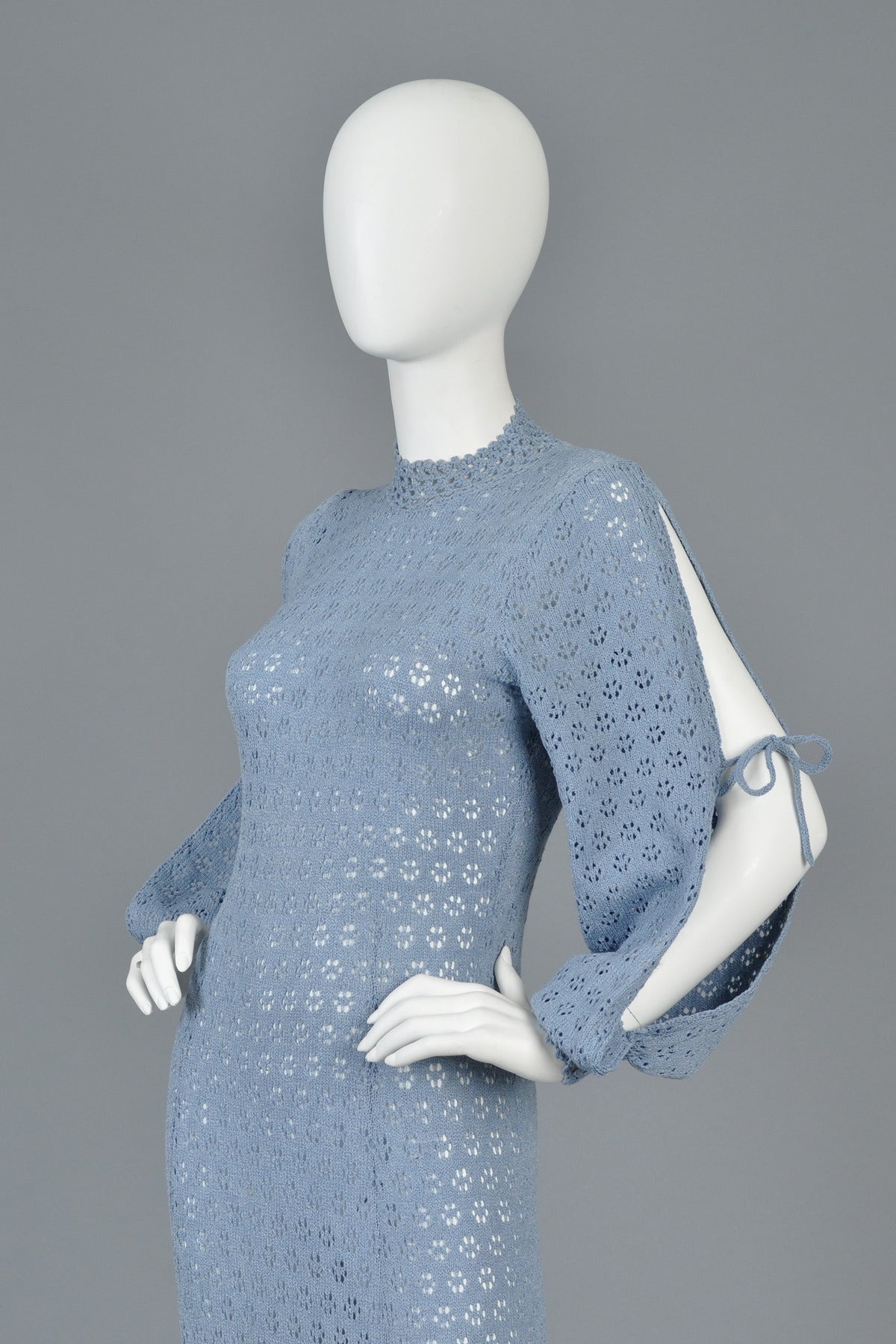 Cornflower Blue Bohemian Crochet Knit Maxi Dress with Open Sleeves 1