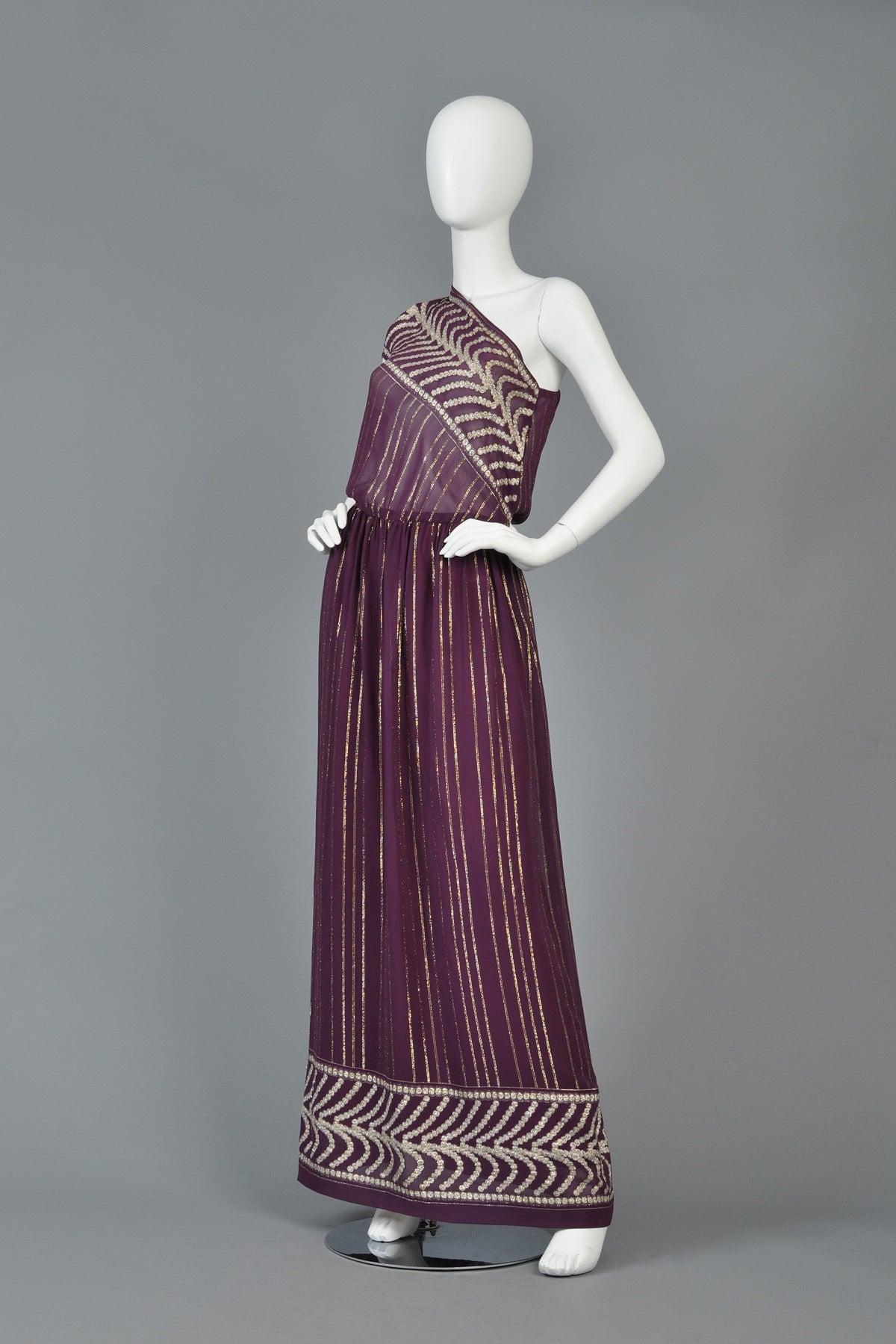 Women's 1970's Grecian Inspired Metallic Gauze One Shouldered Gown For Sale