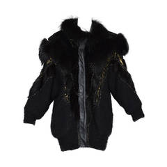 Hand Painted Leather and Mohair Coat with Fur Trim