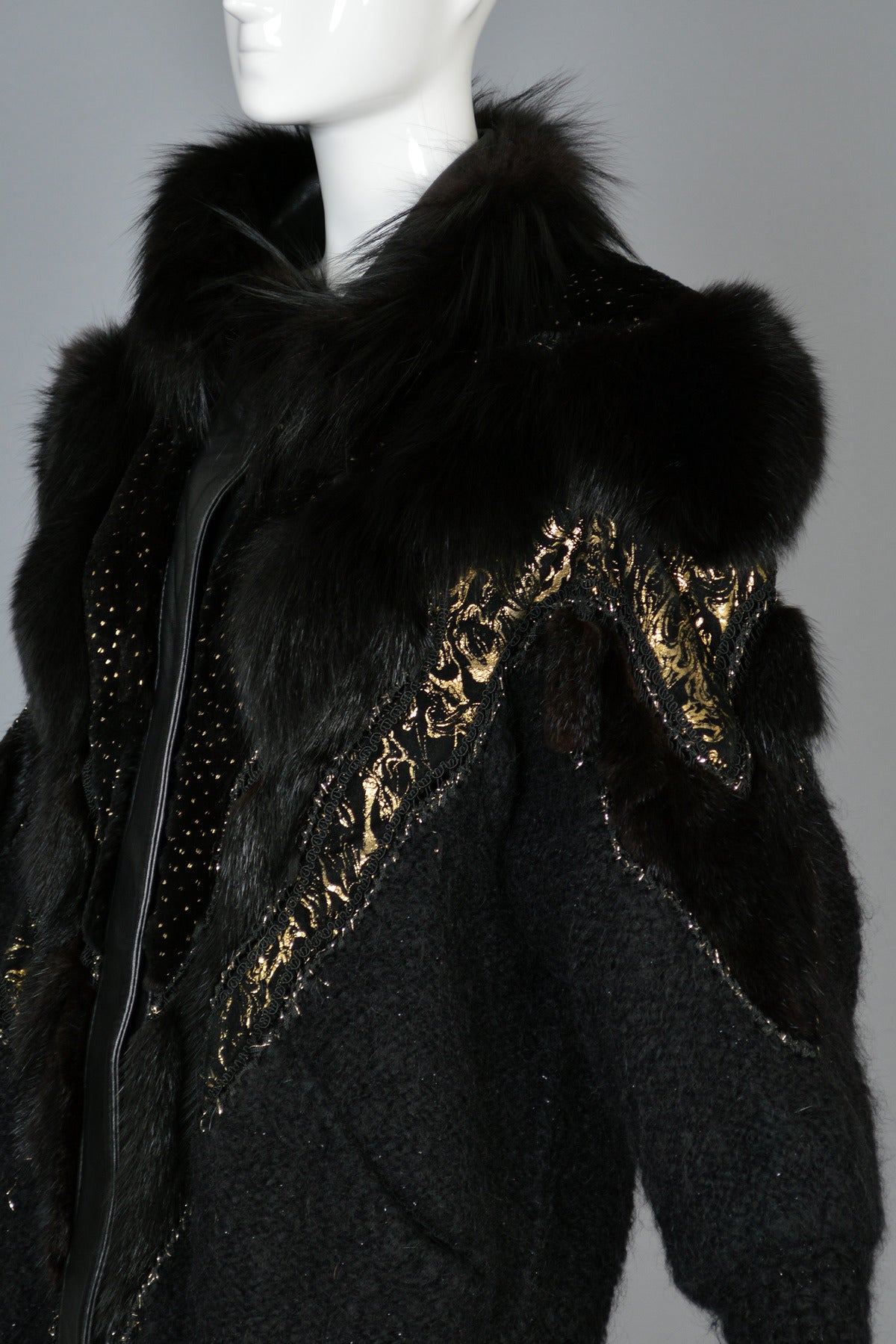 Women's Hand Painted Leather and Mohair Coat with Fur Trim