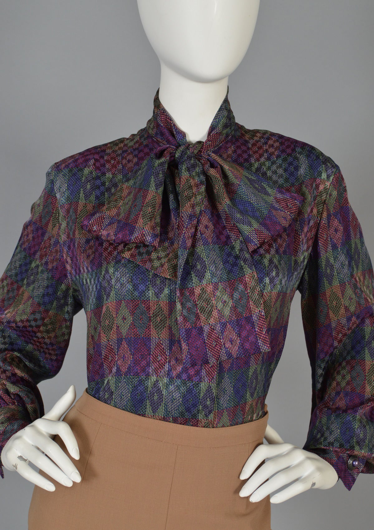 Black Givenchy 1970's Graphic Silk Blouse with Ascot