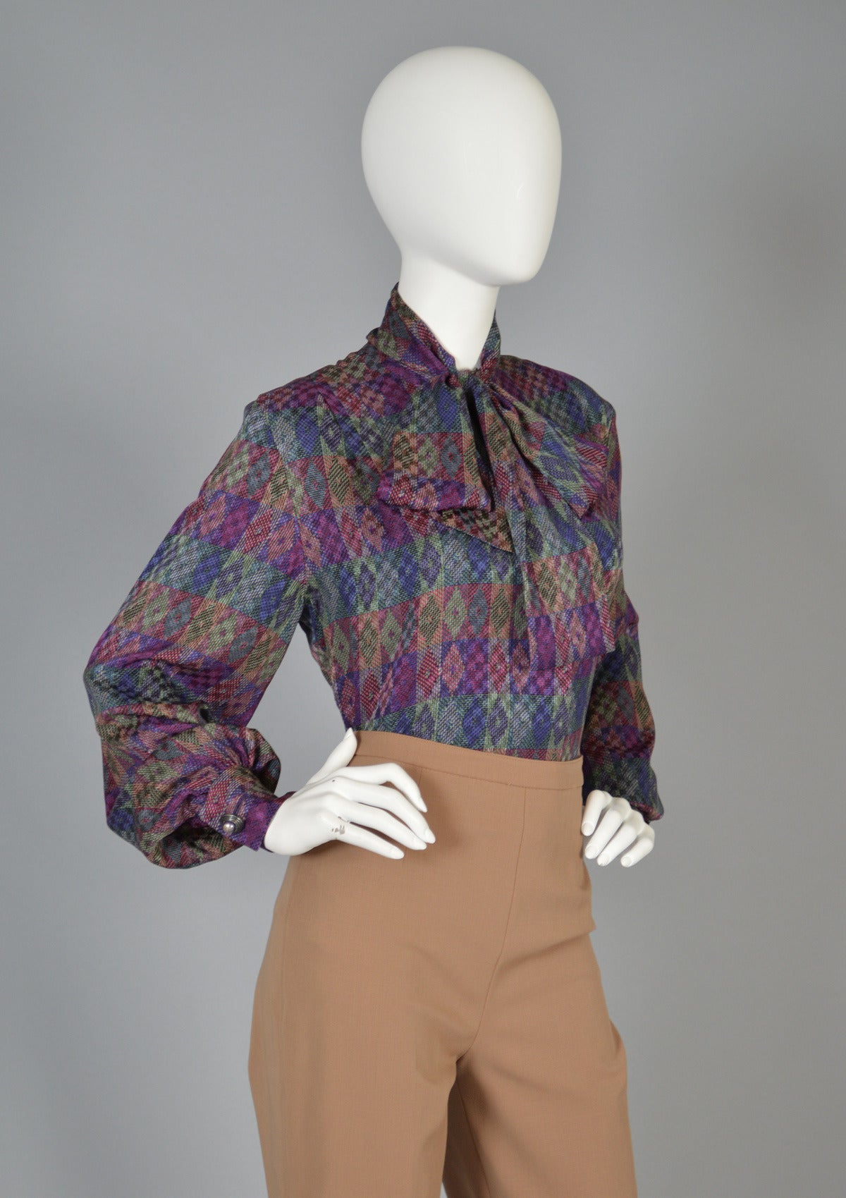 Givenchy 1970's Graphic Silk Blouse with Ascot In Excellent Condition In Yucca Valley, CA