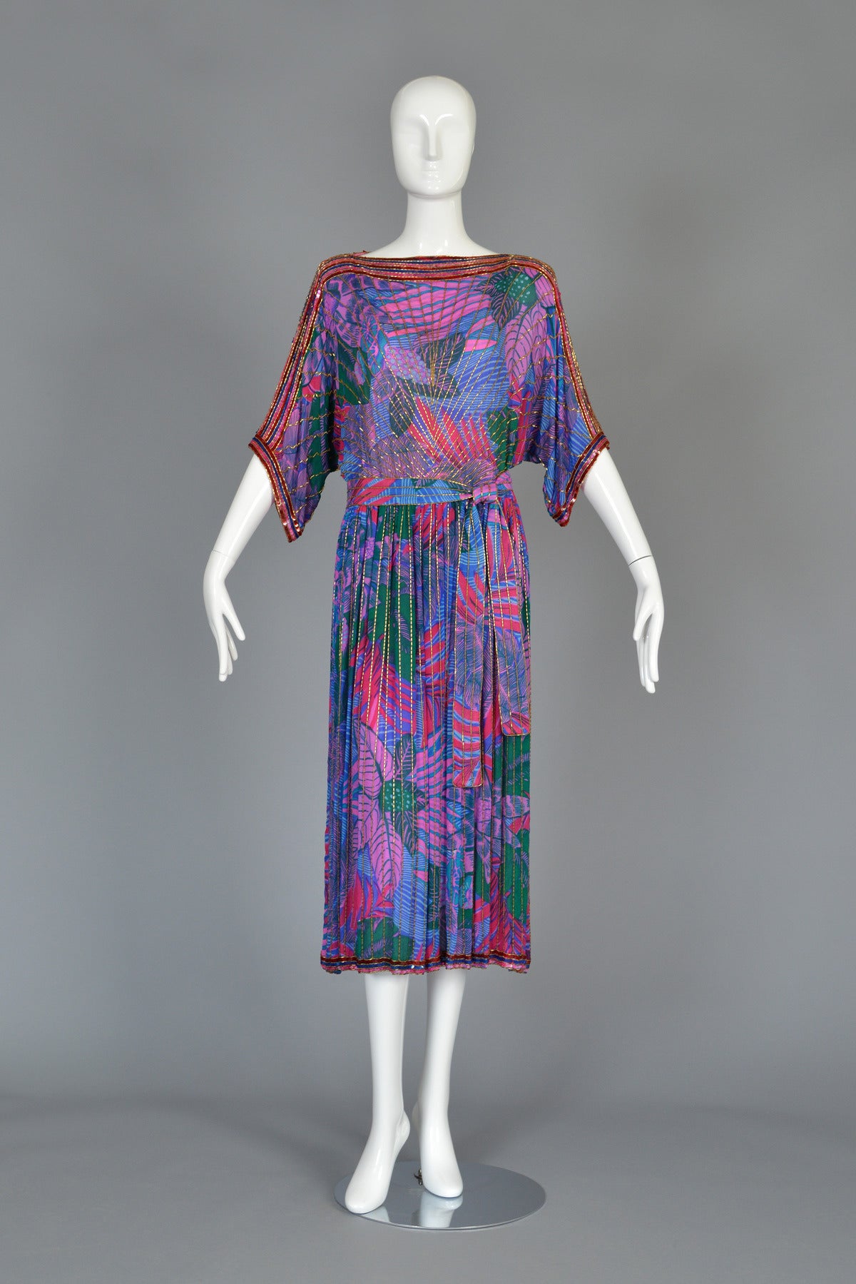 Gray 1970's Graphic Beaded Silk Dress with Kimono Sleeves