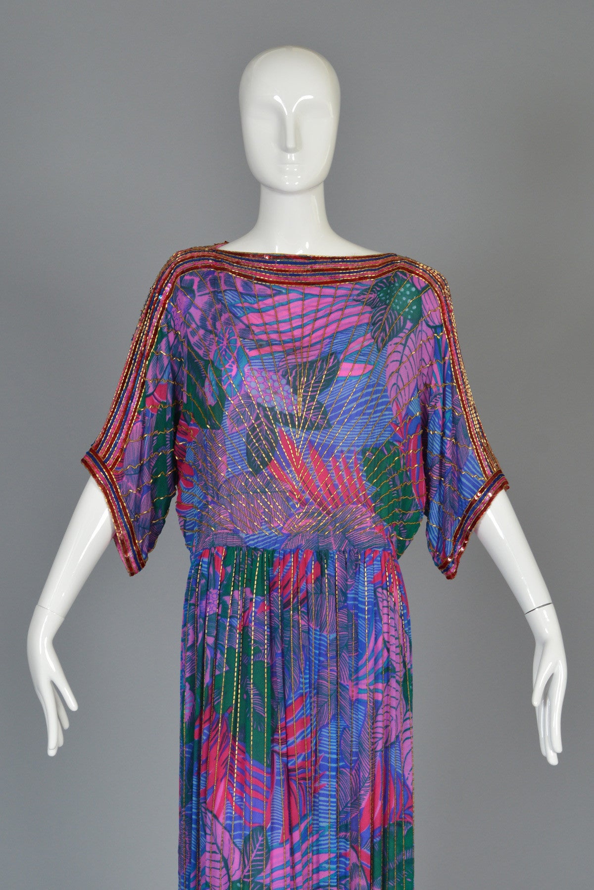 Women's 1970's Graphic Beaded Silk Dress with Kimono Sleeves