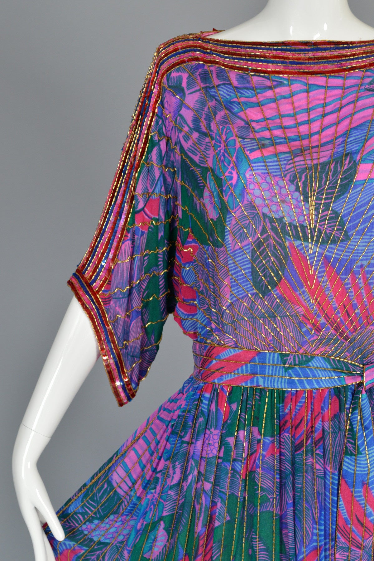 1970's Graphic Beaded Silk Dress with Kimono Sleeves 1