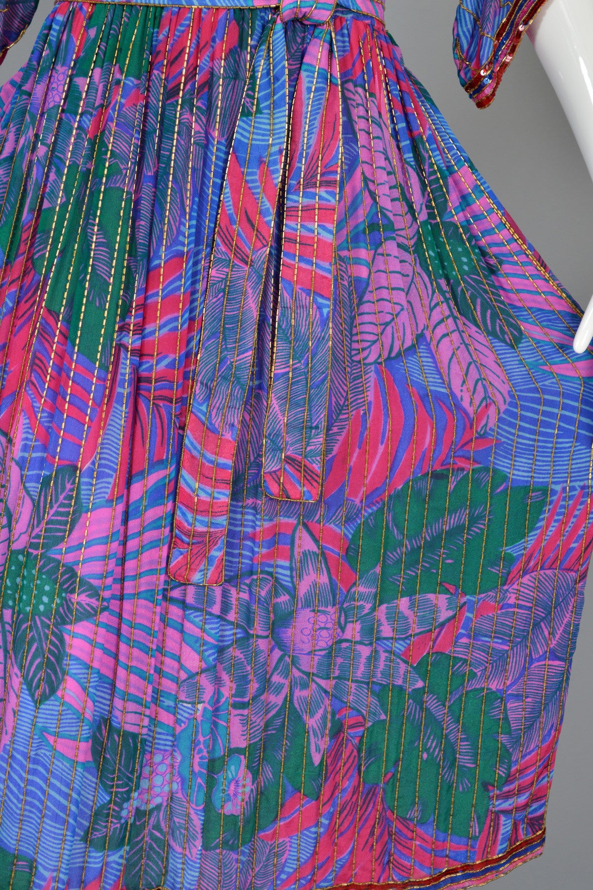 1970's Graphic Beaded Silk Dress with Kimono Sleeves 2