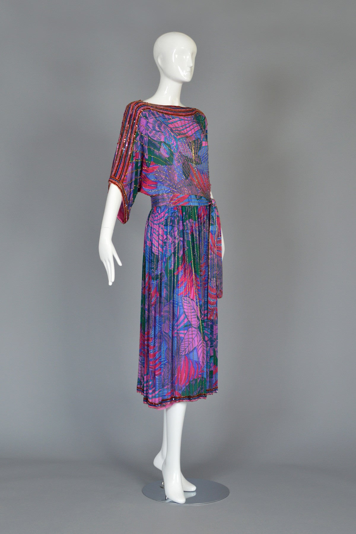 1970's Graphic Beaded Silk Dress with Kimono Sleeves 3