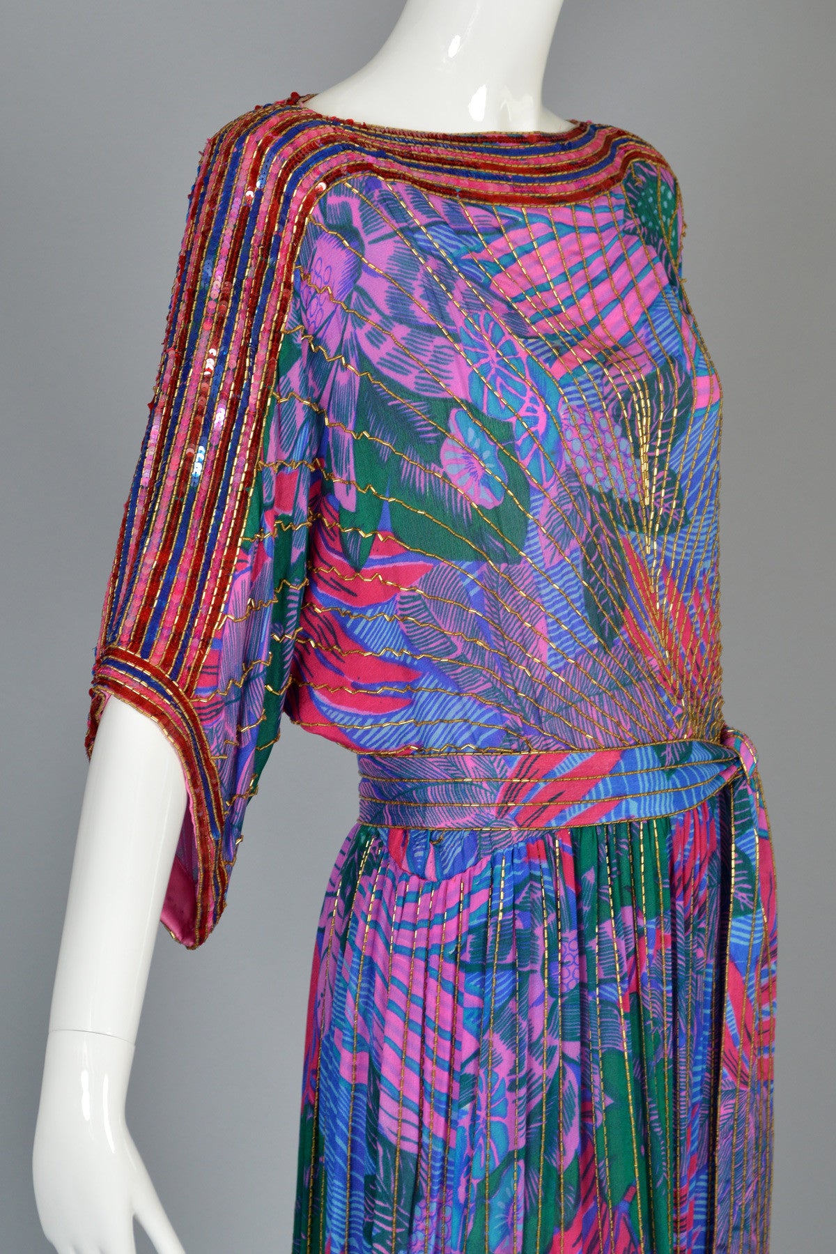 1970's Graphic Beaded Silk Dress with Kimono Sleeves 4