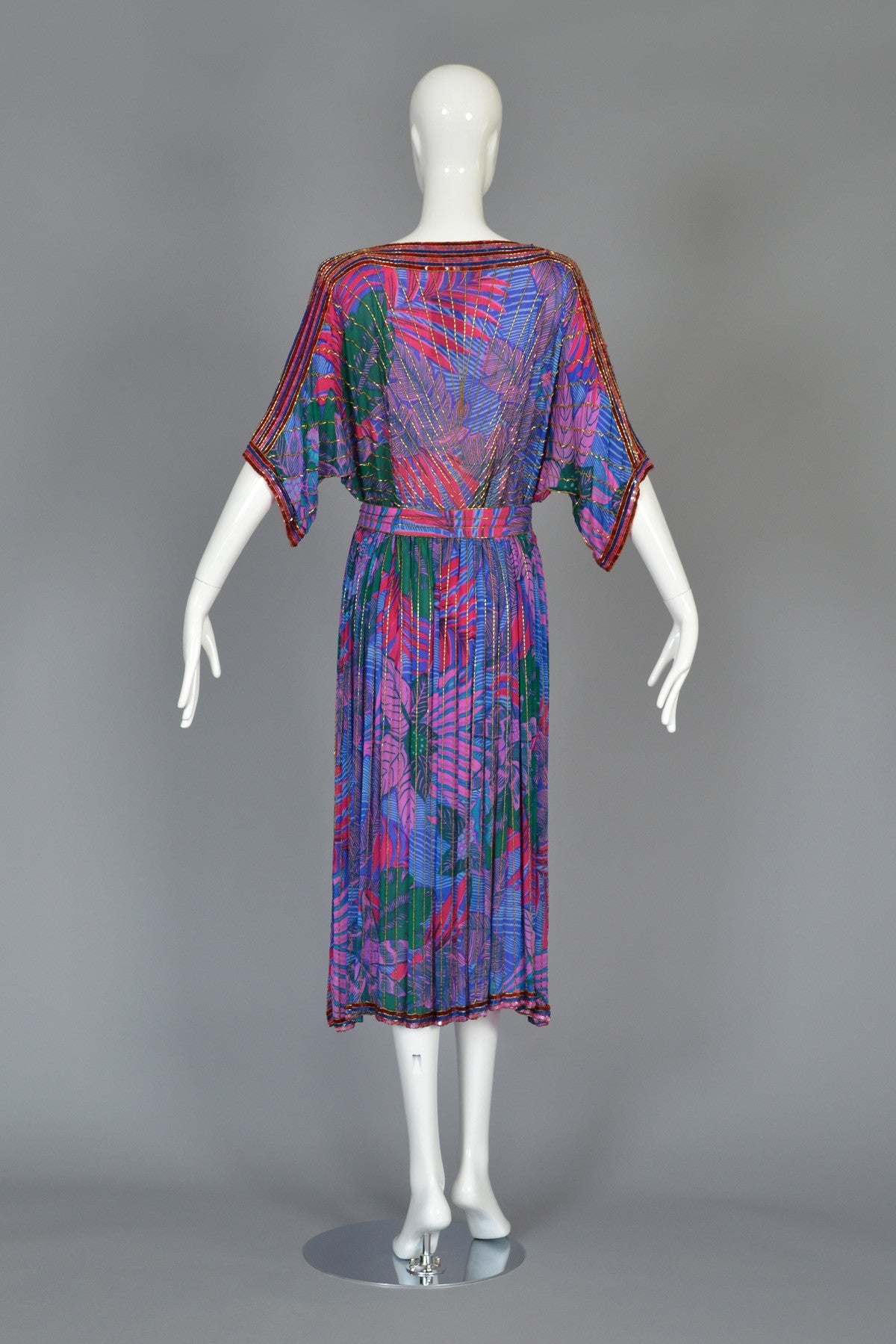 1970's Graphic Beaded Silk Dress with Kimono Sleeves 5