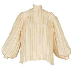 Gucci Ivory Pleated Silk Trapeze Blouse with Blouson Sleeves