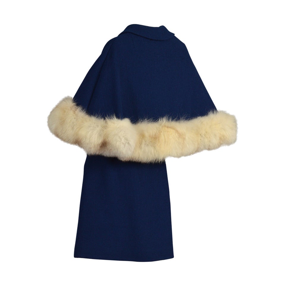 1960's Belted Wool Cape Coat with Blue Fox Fur Trim