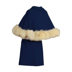 1960's Belted Wool Cape Coat with Blue Fox Fur Trim