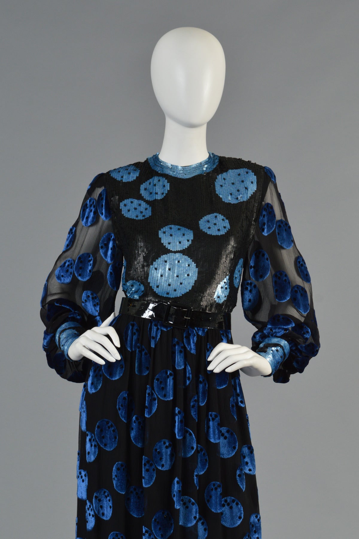 Black Adele Simpson Velvet, Silk + Sequins Polkadot Evening Gown