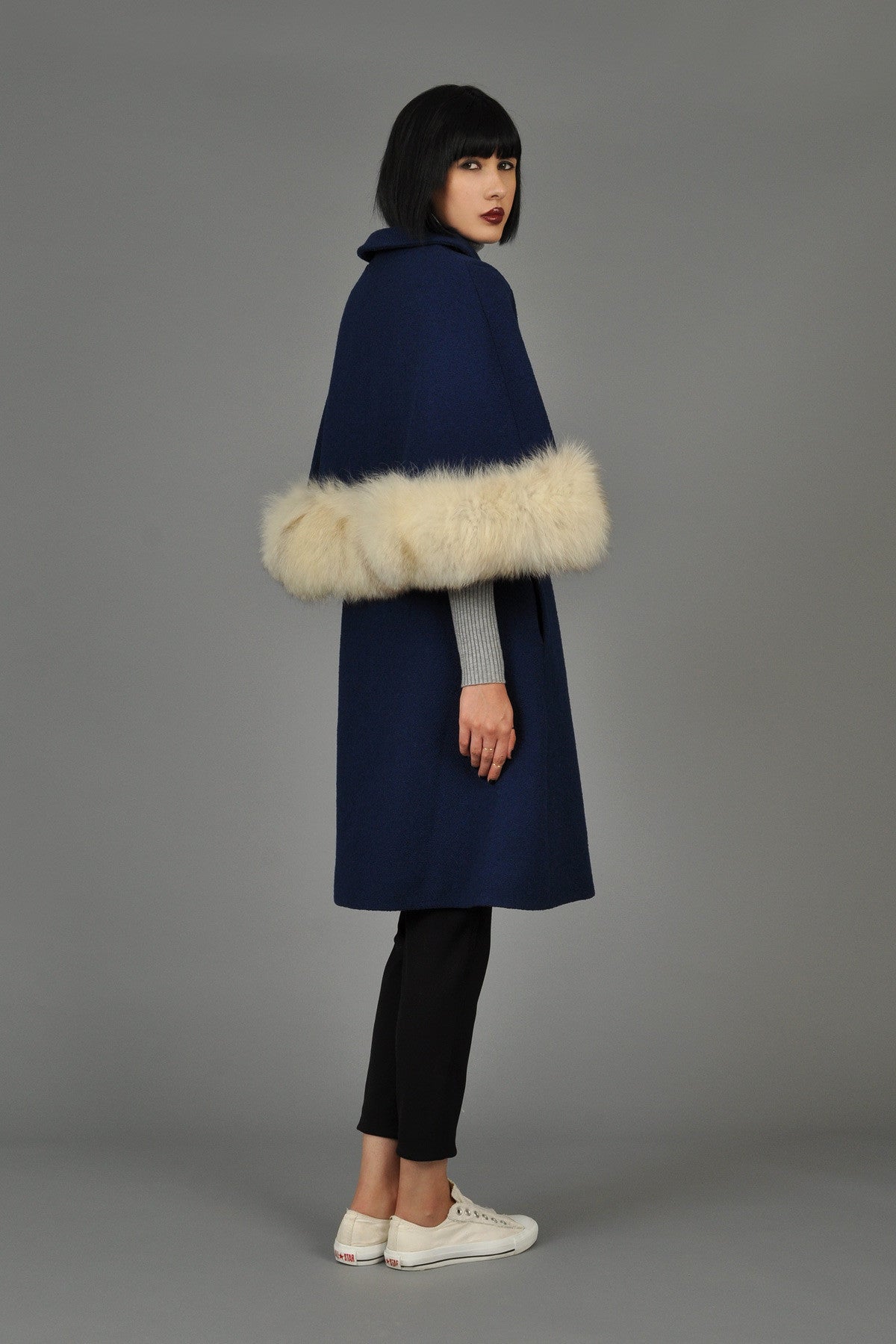 1960's Belted Wool Cape Coat with Blue Fox Fur Trim 6