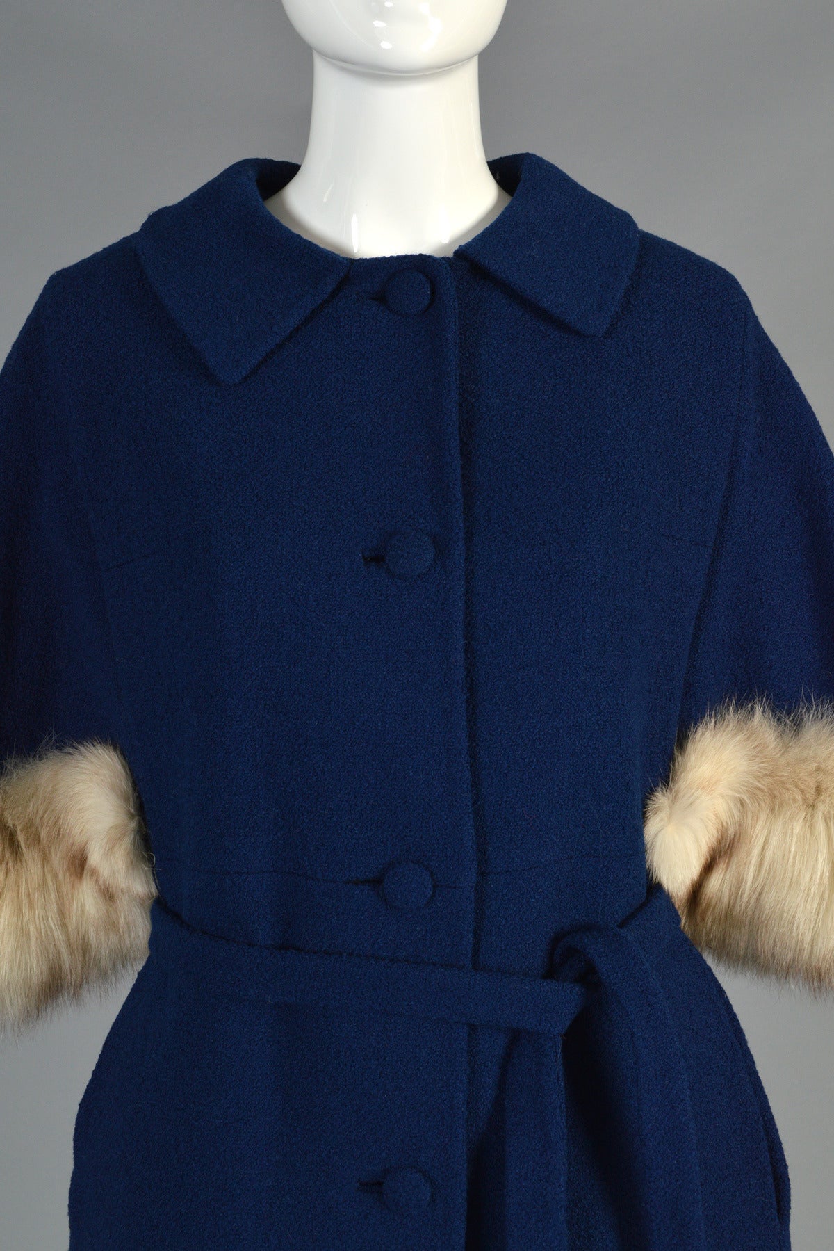 Women's 1960's Belted Wool Cape Coat with Blue Fox Fur Trim
