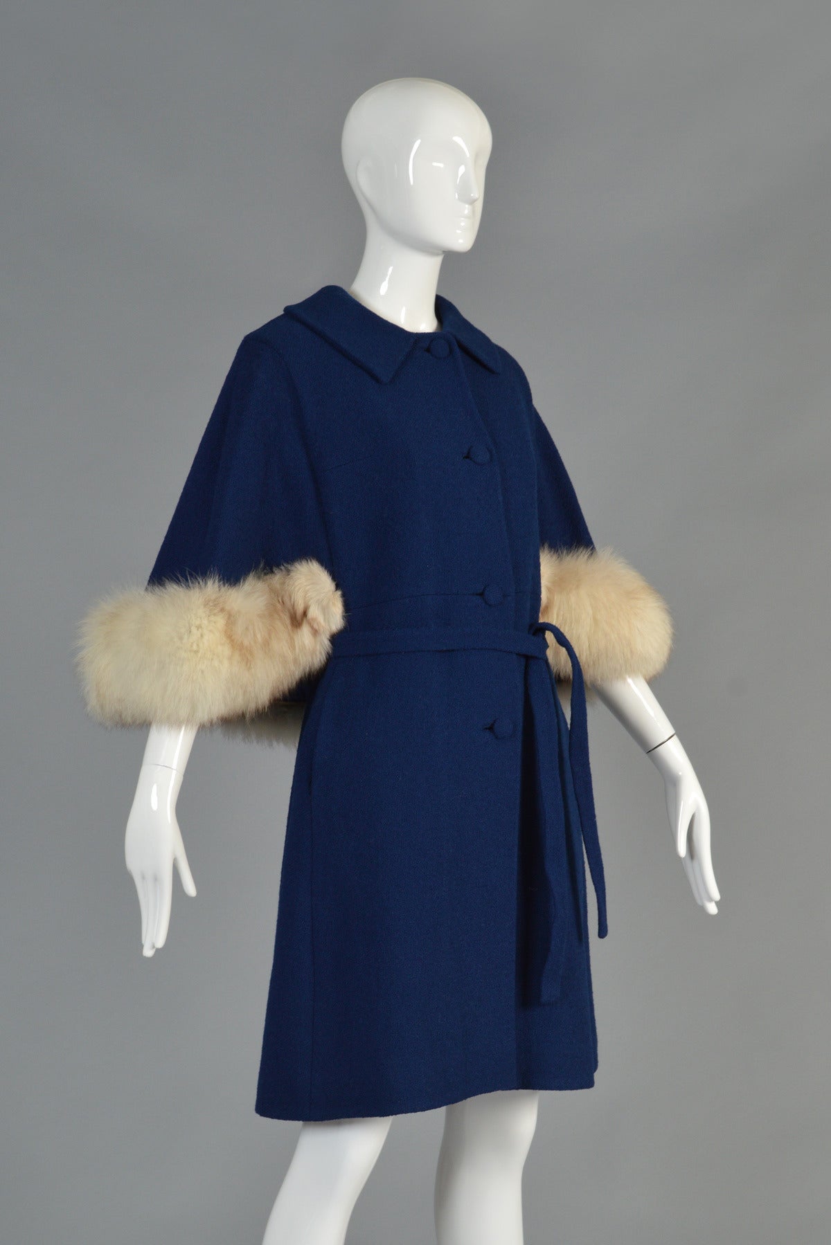 1960's Belted Wool Cape Coat with Blue Fox Fur Trim 1