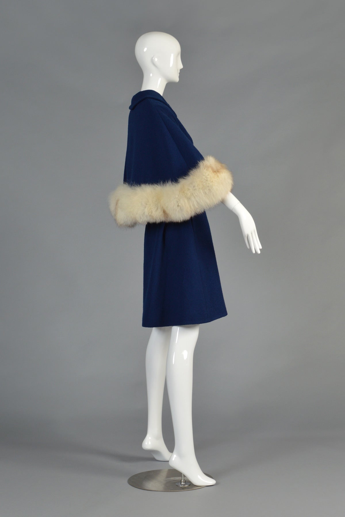 1960's Belted Wool Cape Coat with Blue Fox Fur Trim 2