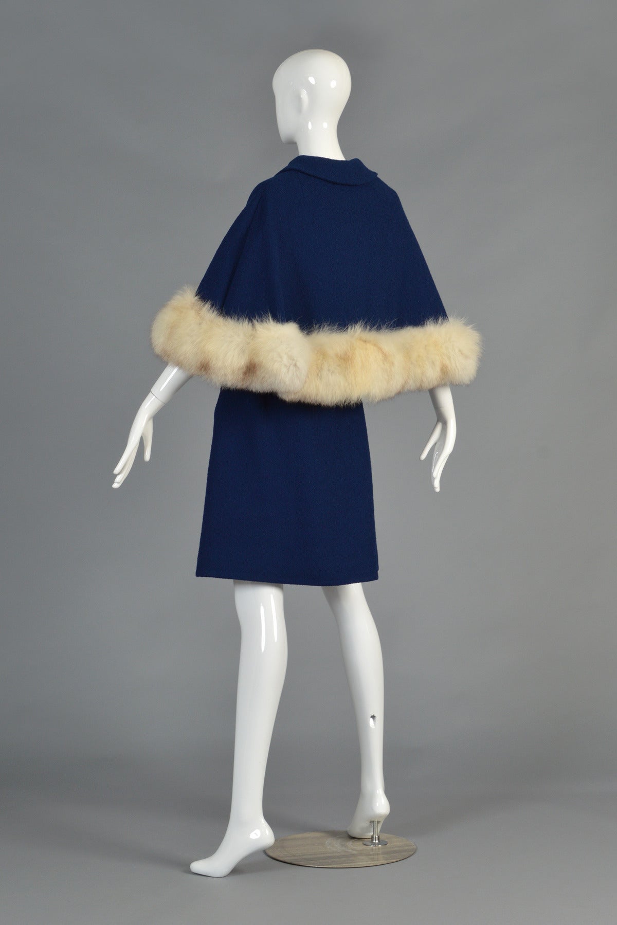 1960's Belted Wool Cape Coat with Blue Fox Fur Trim 3